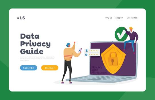 Privacy Data Protection Landing Page Template. Verification, Secure Account Access, Data Security or Privacy in Internet vector