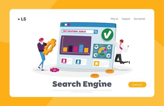 Seo, Search Engine Optimization, Analysis Landing Page Template. Marketing Strategy with Tiny Characters Analyzing Data vector
