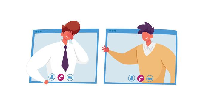 Call with Remote Colleague, Online Meeting. Workers Chatting using Webcam, Conference with Coworker via Computer vector