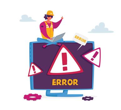 Tiny Female Character in Worker Uniform Sit on Huge Pc Monitor with System Error Warning on Screen. Professional Help vector