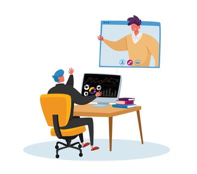 oficina trabajador sentar a escritorio chateando con compañero de trabajo vía cámara web conferencia en computadora pantalla. negocio hombre llamada vector