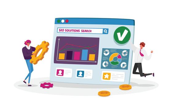 Seo, Search Engine Optimization, Business Data Analysis Concept. Marketing Strategy, Analytics with Tiny Characters vector