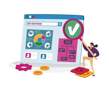 Business Research and Analysis, Seo, Search Engine Optimization Concept. Tiny Female Character with Huge Magnifier at Pc vector