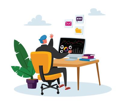 Business Man Character Trader Working on Computer Sell and Buy Currency, Precious Metals and Bonds on Stock Market vector