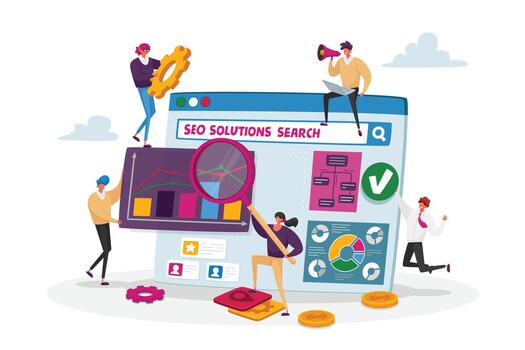 Seo Solutions and Business Data Analysis. Tiny Characters Research Marketing Strategy, Analyzing Financial Statistics vector
