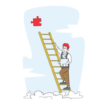 Businessman Climbing Ladder to Take Huge Missing Puzzle Piece for Task Solution and Problem Solving. Career Growth vector