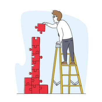 Idea Development, Task Solution and Problem Solving Concept. Business Man Character Stand on Ladder Assemble Puzzle vector
