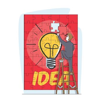 Task Solution and Problem Solving Concept. Business Man Character Assemble Huge Puzzle Pieces with Light Bulb and Idea vector