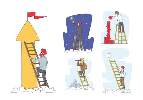 Set of Businessman Characters Climbing Ladder to Take Star from Sky, Assemble Puzzle, Look in Spyglass. Task Solution vector