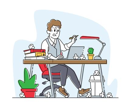 Overloaded Stressed Male Office Employee Sitting at Workplace with Computer and Heap of Documents and Crumpled Papers vector