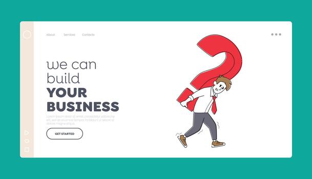 Finding Decision for Difficult Answer, Faq Landing Page Template. Tired Business Man Carry Huge Question Mark on Back vector