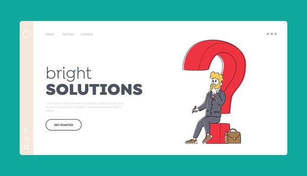 Searching Solution for Difficult Answer Landing Page Template. Thoughtful Business Man Sitting on Huge Question Mark vector