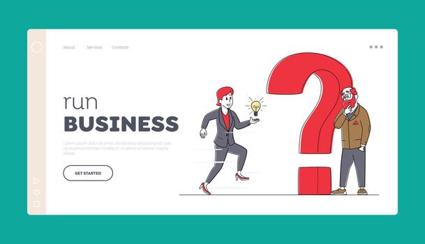 Doubts and Confusion Landing Page Template. Business Characters Thinking Under Huge Question Mark, Searching Solution vector