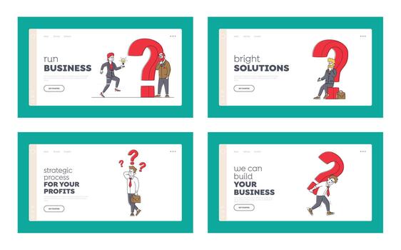 Business People and Huge Question Marks Landing Page Template Set. Characters Thinking, Searching Solution or Decision vector