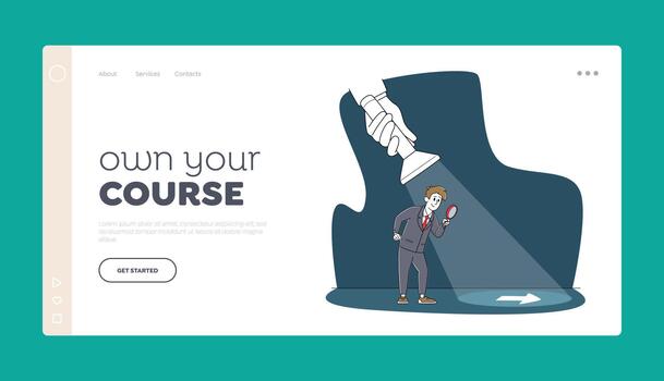 Choose Correct Way, Guidance Landing Page Template. Businessman with Magnifying Glass Guided by Huge Flashlight Beam vector