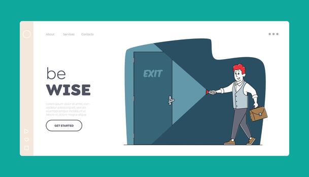 Landing Page Template. Business Man Character in Formal Suit Lighting with Flashlight on Door Exit, Businessman Escape vector