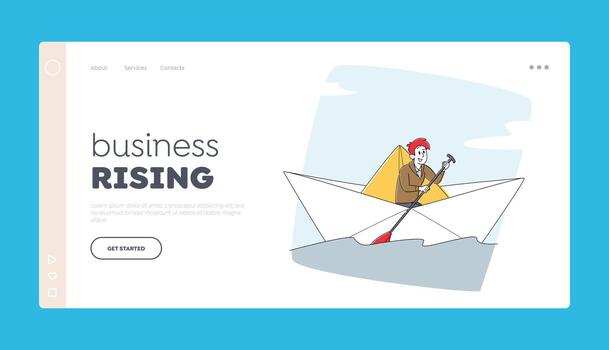 Businessman Character with Paddle Sail on Paper Boat Landing Page Template. Brave Man Searching Solution, Goal vector
