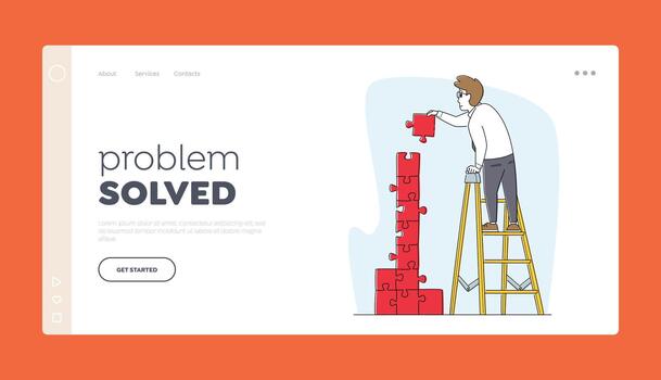 Idea Development, Task Solution and Problem Solving Landing Page Template. Business Man Character Assemble Puzzle vector