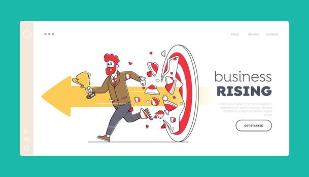 Start Up, Investments Growth and Working Success Landing Page Template. Businessman with Goblet Breaking Huge Target vector