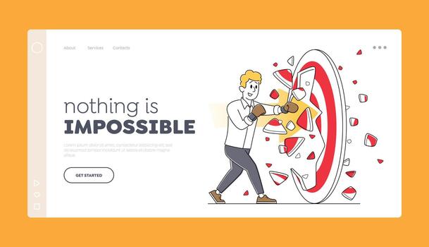 Businessman Character in Boxing Gloves Break Target Landing Page Template. Business Aim, Challenge, Task Solution vector
