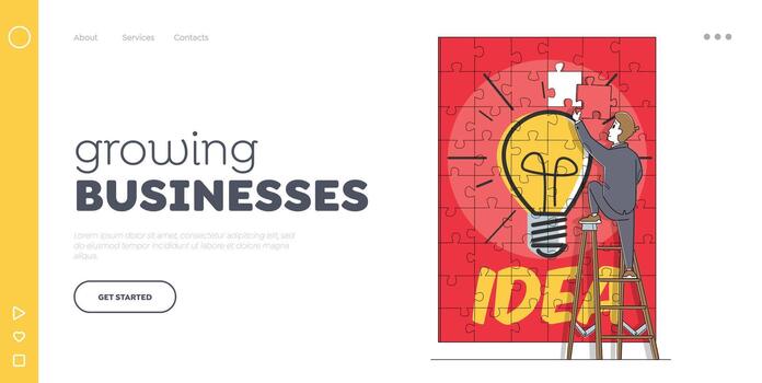 Task Solution and Problem Solving Landing Page Template. Business Man Assemble Huge Puzzle Pieces with Light Bulb Idea vector
