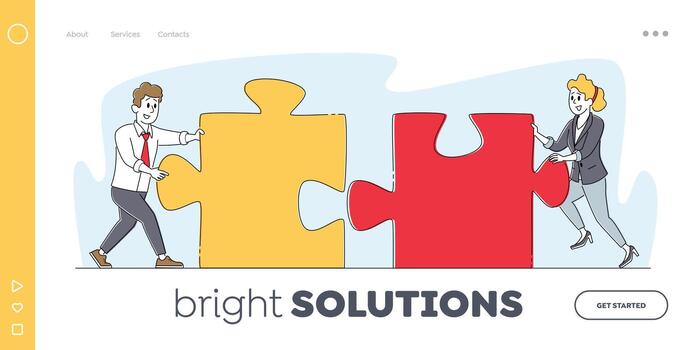 Collective Work, Partnership Landing Page Template. Office Characters Assemble Huge Separated Puzzle Pieces, Teamwork vector