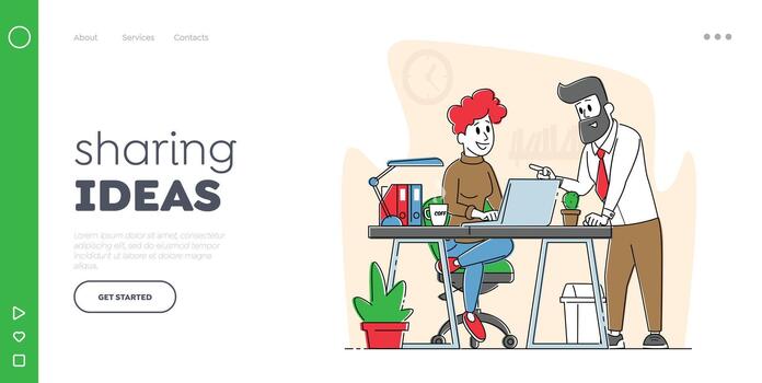Office Scene Business People Characters Discuss Project in Office Landing Page Template. Teamwork Workflow Process vector