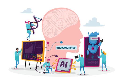 ingenieros caracteres crear y programación artificial inteligencia. robot hardware, software Ingenieria en laboratorio vector