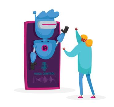 Artificial Intelligence Technologies, Personal Assistant and Voice Recognition. Tiny Scientist Character with Chat Bo vector