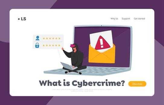 Hacker Attack, Cyber Crime, Password Phishing, Security Landing Page Template. Hacker Steal Personal Data from Laptop vector