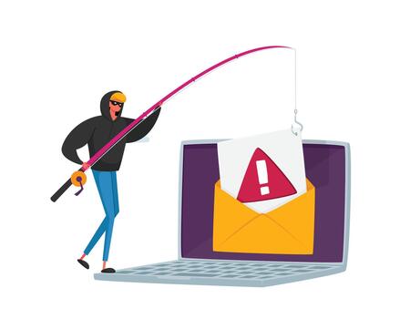 Tiny Hacker Character with Rods Phishing Personal Data in Huge Laptop via Internet, Email Spoofing or Fishing Messages vector