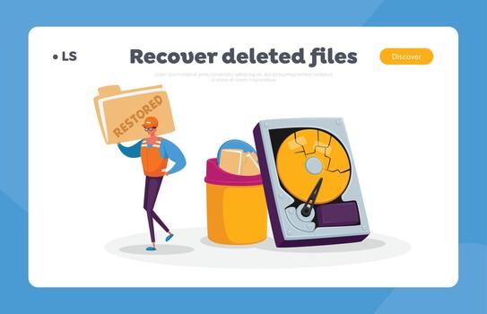 Data Recovery Service, Backup and Protection, Hardware Repair Landing Page Template. Tiny Character in Uniform or Helmet vector