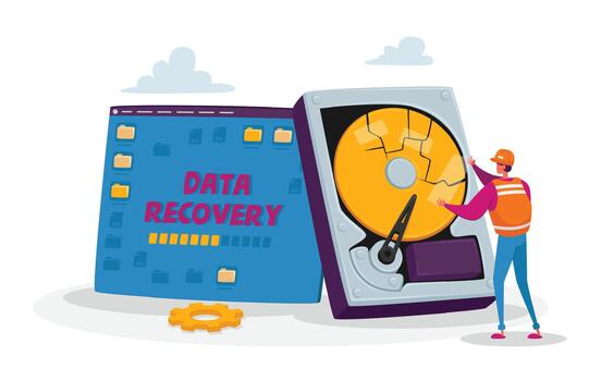 respaldo, datos recuperación y proteccion servicio, hardware reparar concepto. minúsculo masculino personaje en trabajador uniforme y casco vector