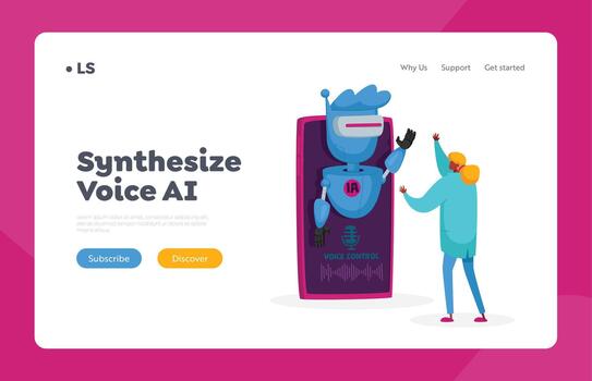 Artificial Intelligence Technology Landing Page Template. Voice Recognition Concept. Tiny Scientist Sound Control vector