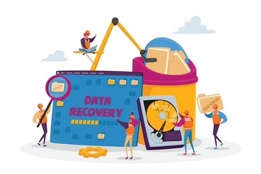 Data Recovery Service, Backup and Protection, Hardware Repair Concept. Tiny Male and Female Characters in Worker Uniform vector