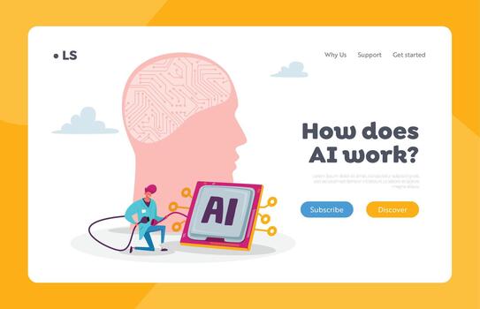 robótica Ingenieria aterrizaje página modelo. ingeniero conectar humano cabeza a micro circuito crear artificial inteligencia vector