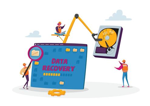 Tiny Male and Female Characters in Worker Uniform and Helmets at Huge Broken Pc and Hard Disk. Data Recovery Service vector