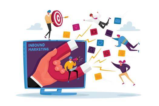 Huge Hand on Computer Monitor with Magnet Attracting new Leads and Generating Income with Inbound Marketing Technology vector