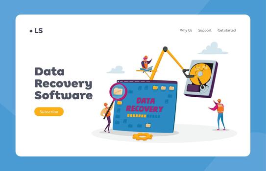 Data Recovery Service, Backup and Protection, Hardware Repair Landing Page Template. Tiny Characters Fix Pc or Hard Disk vector