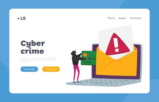 Email Fishing Messages and Spam, Virus Attack Landing Page Template. Tiny Hacker Character Hacking Credit Card vector