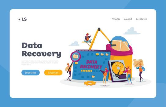 Data Recovery Service, Backup and Protection, Hardware Repair Landing Page Template. Tiny Characters in Worker Uniform vector
