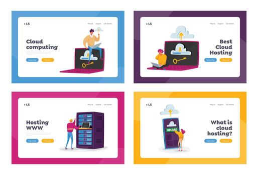 Web Hosting Landing Page Template Set. Tiny Characters at Huge Laptop, Phone or Server Equipment. Web Programming vector