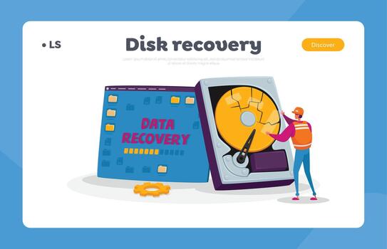 respaldo, datos recuperación y proteccion servicio, hardware reparar aterrizaje página modelo. minúsculo personaje reparar roto computadora vector