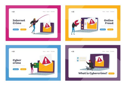 Cyber Crime Password Phishing Landing Page Template Set. Hackers Bulgar Steal Personal Data. Internet Website Security vector