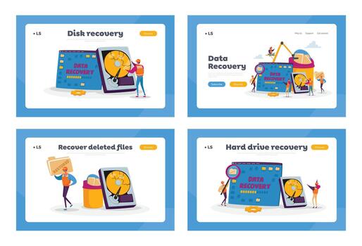 Data Recovery Service, Backup, Protection, Hardware Repair Landing Page Template Set. Tiny Characters at Huge Broken Pc vector