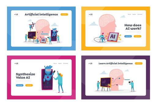 Engineers Characters Create Artificial Intelligence Landing Page Template Set. Robot Hardware, Software Engineering vector
