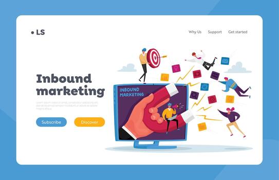 Businessman Character Attracting Clients Landing Page Template. Huge Hand on Monitor with Magnet Attracting Leads vector