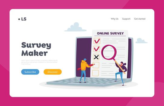 Online Survey, Customer Feedback, Service Rate, Voting Landing Page Template. Tiny Characters with Pencil and Magnifier vector