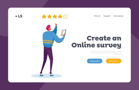 Online Survey, Satisfaction Landing Page Template. Male Character with Smartphone in Hands Put Gold Rating Stars in App vector