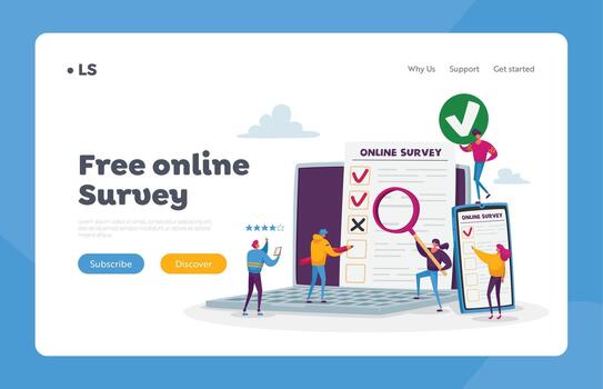 Online Survey Landing Page Template. Tiny Characters Filling Digital Form on Huge Laptop and Smartphone Application vector